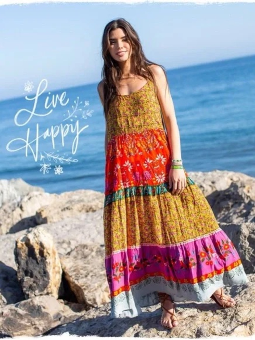 Natural Life Collette Tiered Maxi Dress Boho Floral Border Print Size XS/S